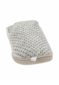 Zapatilla de punto gris con una superficie texturada, detalles brillantes, forro suave y suela plana y duradera. Cuenta con una pequeña lengüeta para facilitar el uso.