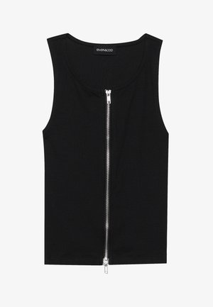 Czarny bezrękawnik z ribbowanej tkaniny, z zamkiem błyskawicznym z przodu, okrągłym dekoltem i prostym wykończeniem. Prosty design bez wzorów.