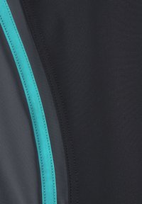 Schwarzer Schwimmmaterial mit einem schmalen aqua-blauen Akzent entlang der Naht. Die Textur ist glatt, mit einem schlanken, eng anliegenden Design.