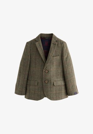 Brun tweed blazer med et subtilt ternet mønster, to frontknapper og klaplommer, designet til et barn.