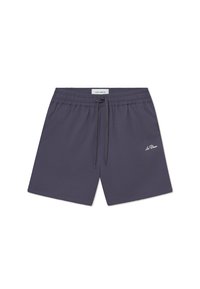 Pantaloni scurți bleumarin dintr-un material texturat, cu o talie elastică și un șnur pentru reglare, având un mic logo alb în partea stângă jos a piciorului.