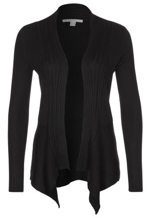 Sort ribstrikket cardigan med åben front, lange ærmer og draperet asymmetrisk kant.