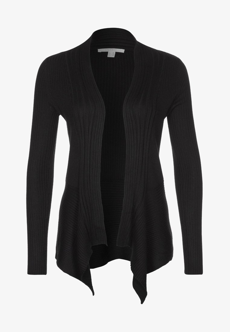 Cardigan noir en maille côtelée à ouverture devant, manches longues et ourlet asymétrique drapé.