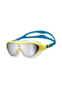 Occhialini da nuoto con lenti trasparenti, montatura gialla e cinturino blu regolabile. Presentano un design aerodinamico per comfort e prestazioni.