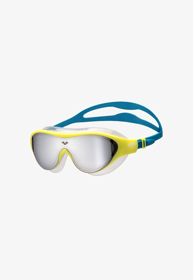 Occhialini da nuoto con lenti trasparenti, montatura gialla e cinturino blu regolabile. Presentano un design aerodinamico per comfort e prestazioni.