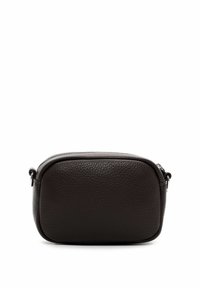 Borsa a tracolla in pelle marrone con una finitura testurizzata, forma ovale, chiusura con zip e piccoli dettagli in metallo.