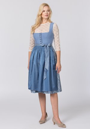 Bla dresses mit einem taillierten Oberteil mit Knöpfen, einem voluminösen Rock und einer satinartigen Taillenschnürung. Die Überlagerung umfasst Spitzenakzente an den Ärmeln.