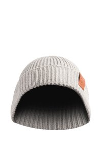Gray knit beanie featuring ribbed texture, an extended brim, and a brown leather logo patch on the side. Smooth finish, soft fabric.