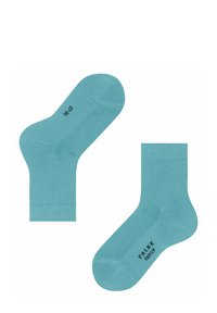 Turkusowe skarpetki bawełniane z prążkowanym ściągaczem i wzmocnionym palcem. Nazwa marki "FALKE" jest nadrukowana na czarno na podeszwie.