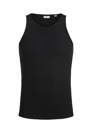 Fekete bordázott ujjatlan trikó kerek nyakkivágással, karcsúsított fazonban, belső gallércímkével.