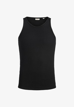 Fekete bordázott ujjatlan trikó kerek nyakkivágással, karcsúsított fazonban, belső gallércímkével.