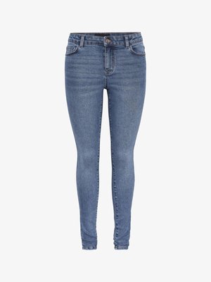 Jeans de denim ajustados en azul oscuro con una textura suave, diseño de cinco bolsillos y cierre de botón en la cintura.