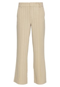 Beige gestreifte Hose aus leichtem Stoff. Sie verfügt über einen flachen Vorderteil, einen Bund und ein weites Bein-Design, mit vertikalen weißen Streifen.