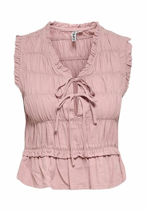 Blouse rose sans manches avec bords froncés, texture de tissu rassemblé, encolure en V, et deux nœuds noués au centre avant.