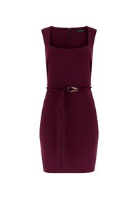 Weinrotes ärmelloses Kleid mit quadratischem Ausschnitt, tailliertem Oberteil und einem taillierten Gürtel mit goldfarbenem Schnallendetail.