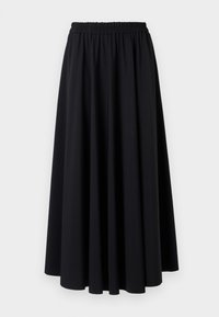 Jupe noire, longueur sol, en tissu doux avec une large ceinture élastique froncée et un design lisse et fluide. Sans motifs ni accents.