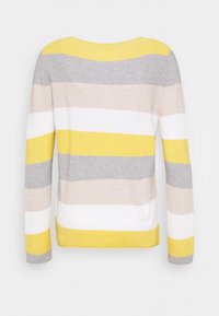 Gebreide trui met strepen in geel, grijs, beige en wit. Heeft lange mouwen en een ronde hals, met afwisselende horizontale strepen.