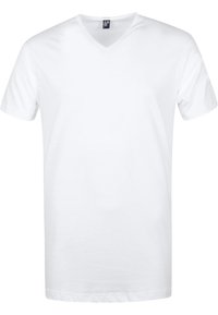 Witte katoenen V-hals T-shirt met korte mouwen. Gladde textuur, rechte zoom en minimalistisch ontwerp. Geen zichtbare patronen of logo's.