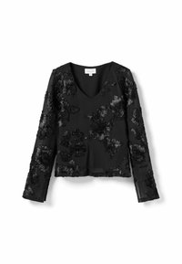 Zwarte lange mouwen top met een V-hals, voorzien van gelaagde bloemenborduursels. De stof is doorschijnend met een gladde textuur, die complexe patronen toont.