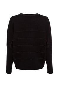 Schwarzer Pullover mit rundem Ausschnitt, langen Ärmeln und horizontaler Rippstruktur mit dezenten metallischen Akzenten.