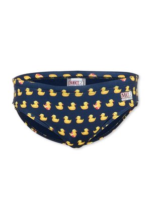 Slip da bagno blu navy con stampa di paperelle di gomma gialle, alcune con salvagenti rossi e bianchi, con due etichette di tessuto del marchio.