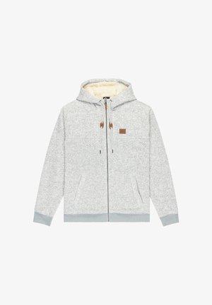 Světle šedá mikina na zip s fleecovým podšívkou, předními kapsami, šňůrkami s hnědými zátkami a malou hnědou nášivkou na hrudi.