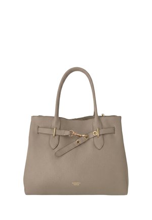 Borsa in pelle taupe con due manici, decorata con una tracolla incrociata e fibbia in metallo color oro sul davanti.