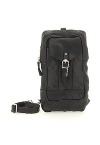 Borsa a tracolla nera in pelle con tasca anteriore con fibbia e tracolla regolabile, in posizione verticale su uno sfondo bianco.