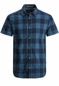 Kortärmad skjorta med blå och mörkblå rutigt mönster, klassisk krage och ljusa knappar fram.