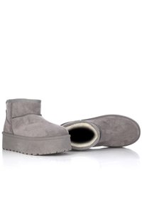 Botas de tobillo de ante gris con un interior suave, puntera redondeada y una suela de plataforma gruesa y texturizada. Presenta detalles de costura discretos.