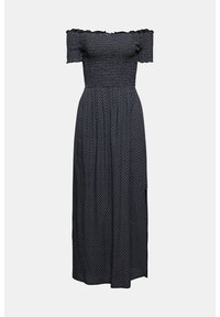 Abito lungo off-the-shoulder in blu scuro con corpetto arricciato, caratterizzato da un motivo geometrico e bordi arricciati sul collo e sulle maniche.