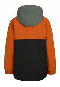 Farbblockierte Jacke mit orangefarbenem oberen Teil, schwarzem unteren Teil und grüner Kapuze. Verfügt über elastische Bündchen und einen geraden Saum.