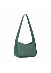 Sac à main en cuir vert avec une silhouette incurvée et une large bandoulière. Texture lisse sans matériel ni motifs visibles. Design compact.