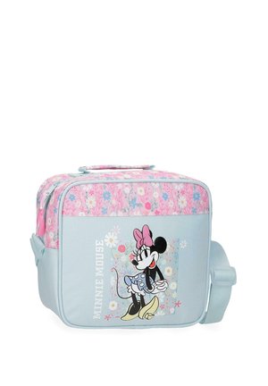 Bolso infantil de hombro en azul claro y rosa con Minnie Mouse, adornado con patrones florales y una asa superior.