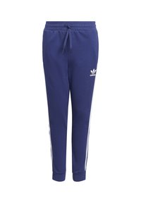 Tummansininen Adidas-trainingshousut valkoisilla sivuilla, elastinen vyötärö, nauha, ja Adidasin kolmonen-logo vasemmassa reidessä.