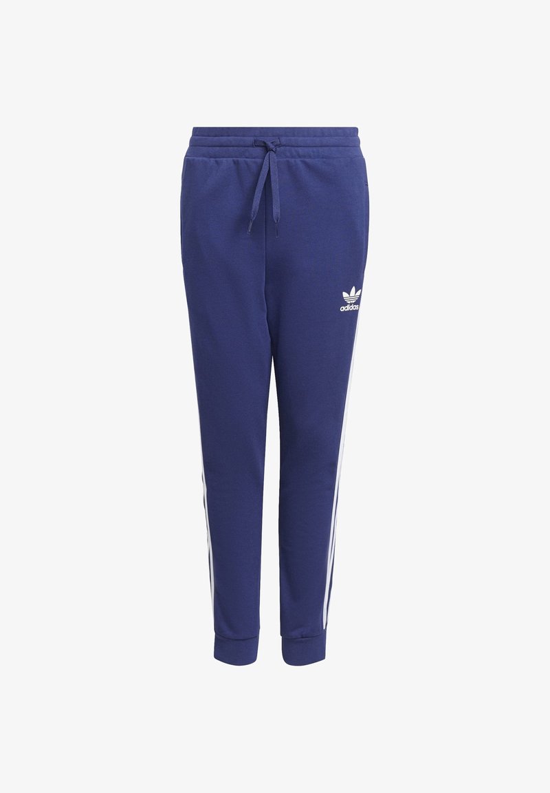 Navy blue Adidas track pants with white side stripes, elastic waistband, drawstring, and Adidas trefoil logo on the left thigh.