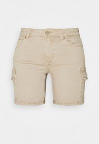 Beiga cargoshorts med fyra fickor, tillverkade av bomullsblandat material. Har en knappstängning fram och bälteslopp.