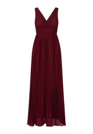 Burgunderfarbene, plissierte Maxikleid mit V-Ausschnitt und breiten Trägern. Aus fließendem Stoff gefertigt, verfügt es über eine taillierte Taille und einen voluminösen Rock.