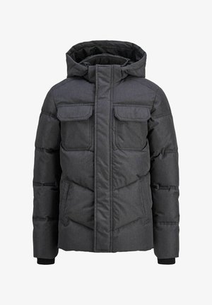 Šedá prošívaná bunda s kapucí, vybavená dvěma předními kapsami, zapínáním na zip a žebrovanými lemy na rukávech. Hladká textura s odolným povrchem.