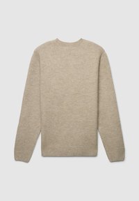 Maglione a maglia beige con maniche lunghe, scollo rotondo e una consistenza liscia. La vista posteriore mostra un design semplice senza decorazioni.