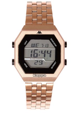 Montre numérique avec un boîtier octogonal en or rose et un bracelet en métal assorti. Présente un affichage noir avec des fonctions d'heure, de date et d'alarme.