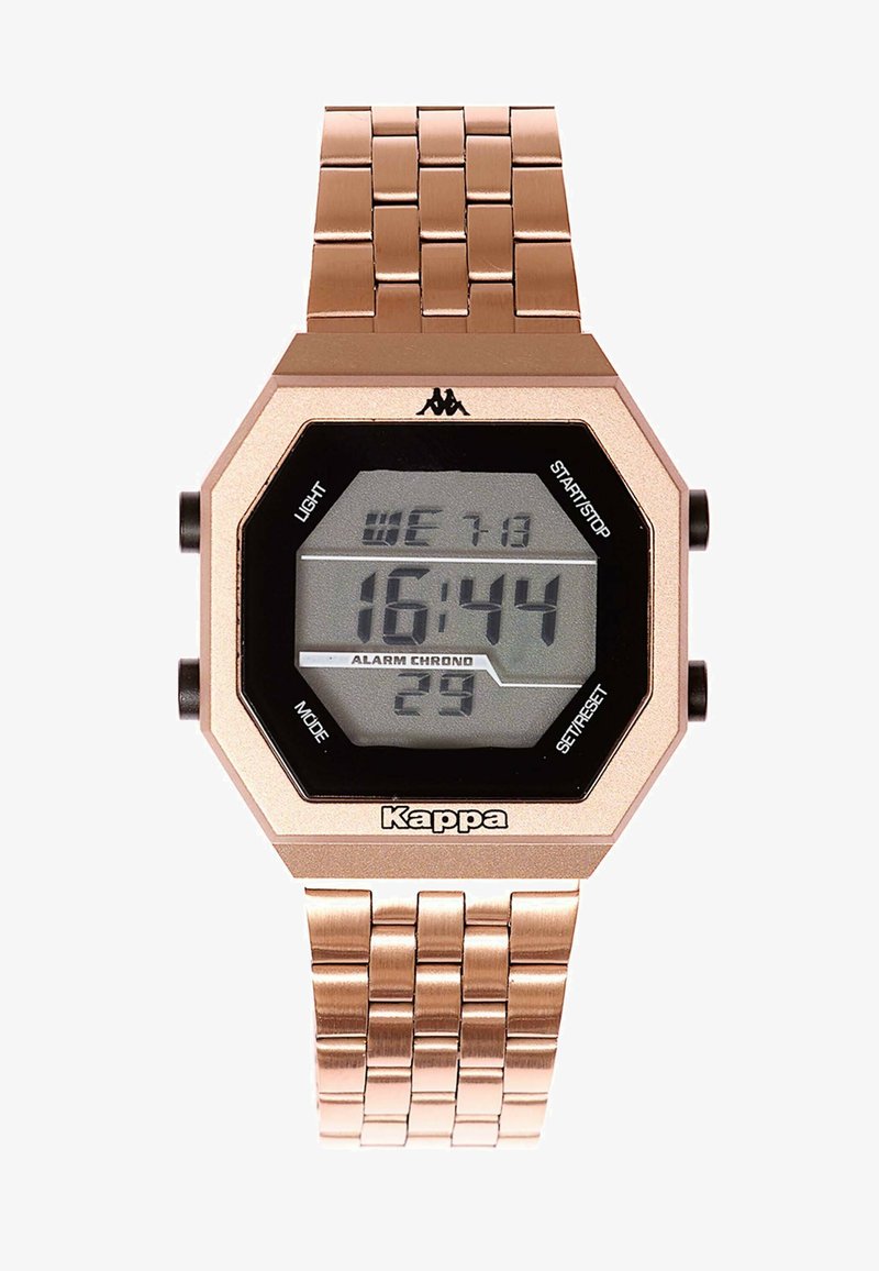 Montre numérique avec un boîtier octogonal en or rose et un bracelet en métal assorti. Présente un affichage noir avec des fonctions d'heure, de date et d'alarme.