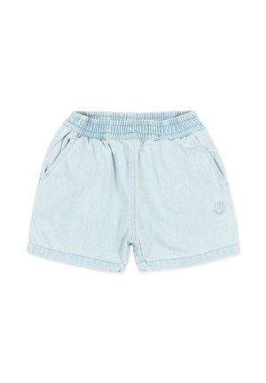 Pantaloncini di jeans azzurri chiaro con vita elasticizzata, tasche laterali e piccolo sorriso ricamato sulla gamba sinistra.