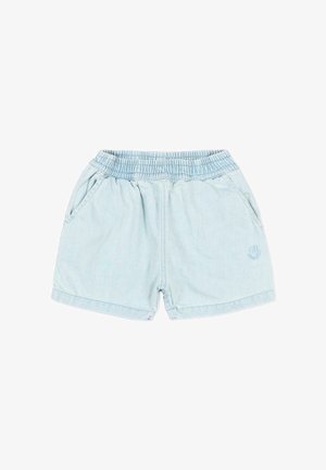 Jasnoniebieskie krótkie spodenki jeansowe z elastycznym pasem, bocznymi kieszeniami i małą haftowaną buźką na lewym udzie.