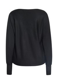 Pulover negru cu mâneci lungi, cu o croială lejeră, decolteu larg și manșete cu nervuri, având o textură fină și o culoare uniformă. Fără modele sau accente vizibile.