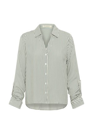 Chemise à rayures dans un doux vert et blanc. Présente un col, des poignets retroussés et un ourlet légèrement arrondi pour un ajustement décontracté.
