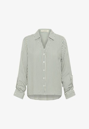 Triibuline nööbiga särk pehmes rohelises ja valges. Omab kraed, keeratud varrukaotsi ja veidi ümarat servi, et tagada mugav istuvus.