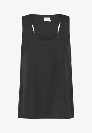 Débardeur noir sans manches en tissu léger avec une texture lisse. Présente un col arrondi et une coupe décontractée.