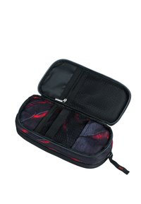Pochette zip con motivo nero e rosso, dotata di una tasca in rete e cinghie elastiche. Materiale resistente con un design compatto e rettangolare.