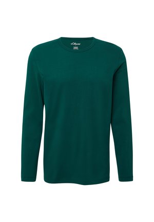 Langarm-T-Shirt in dunklem Grün, aus weichem Baumwollstoff gefertigt. Verfügt über einen Rundhalsausschnitt und ein einfaches, schmuckloses Design.